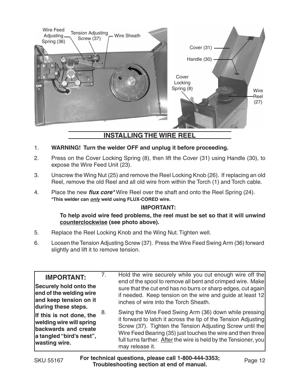 Installing the wire reel, Important | Harbor Freight Tools 55167 User Manual | Page 12 / 28
