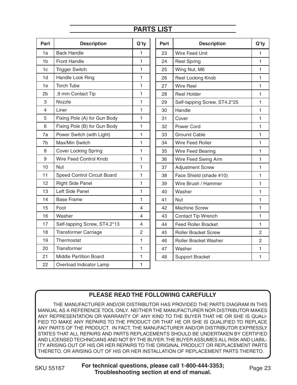 Parts list | Harbor Freight Tools 55167 User Manual | Page 23 / 28