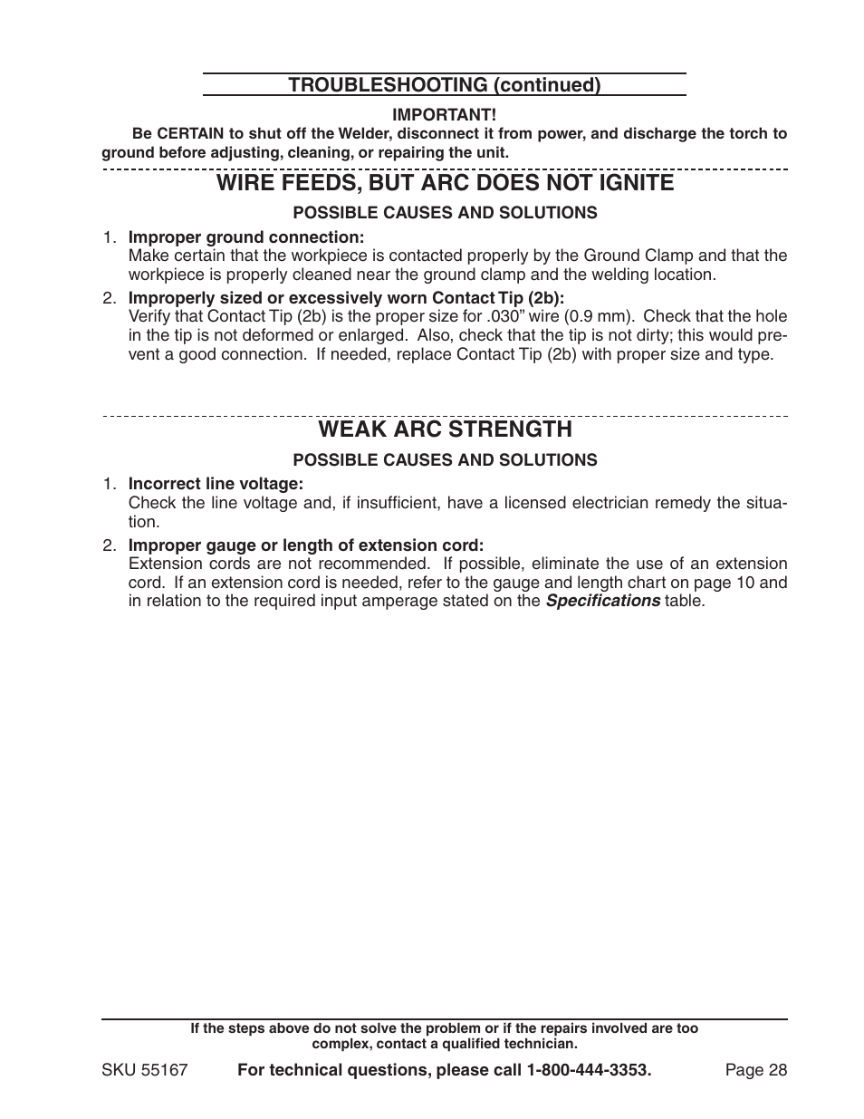 Wire feeds, but arc does not ignite, Weak arc strength | Harbor Freight Tools 55167 User Manual | Page 28 / 28