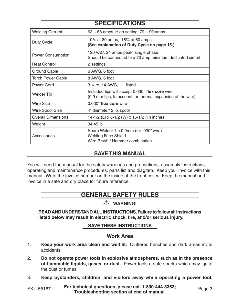 Specifications, General safety rules | Harbor Freight Tools 55167 User Manual | Page 3 / 28