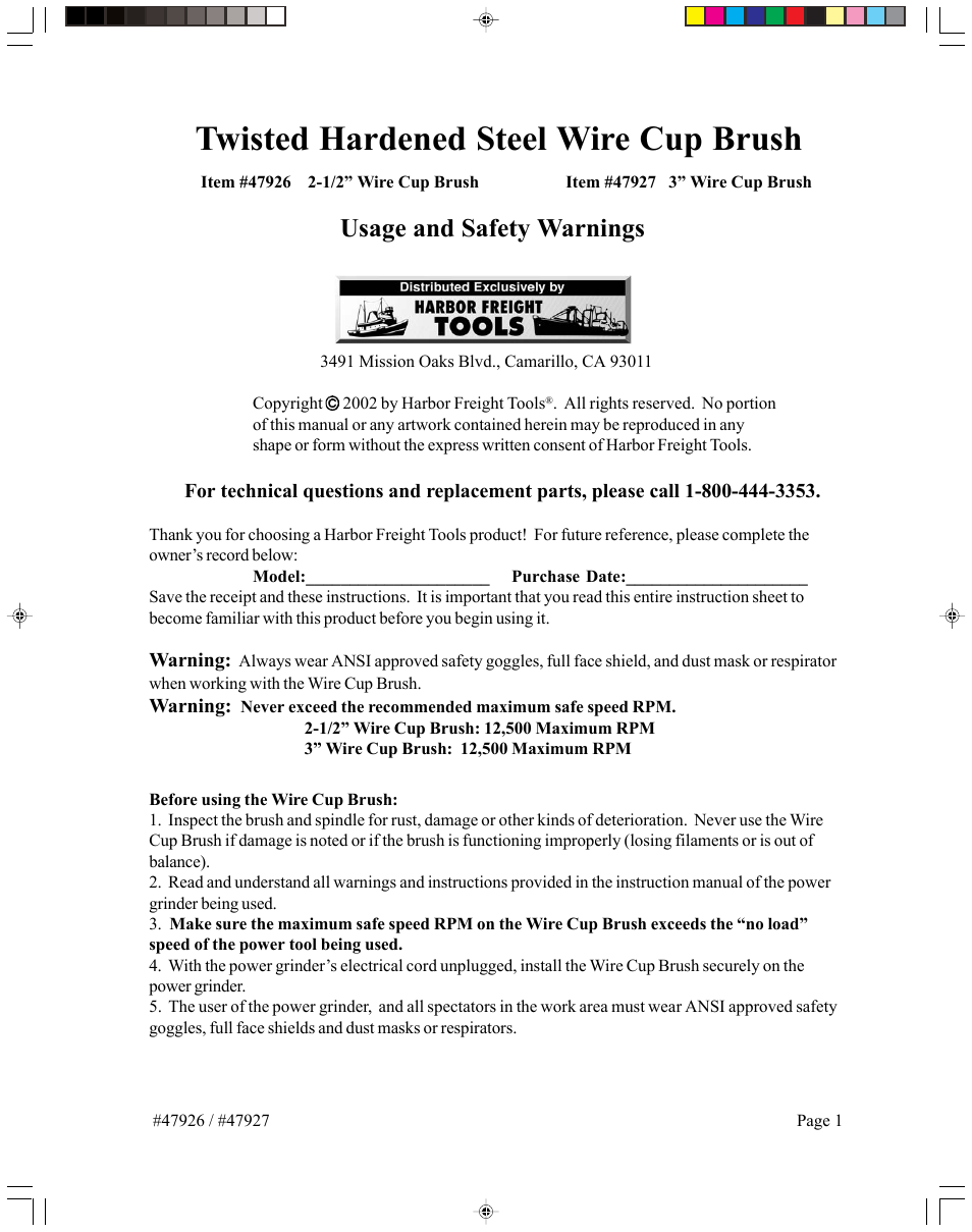 Harbor Freight Tools 47926 User Manual | 2 pages