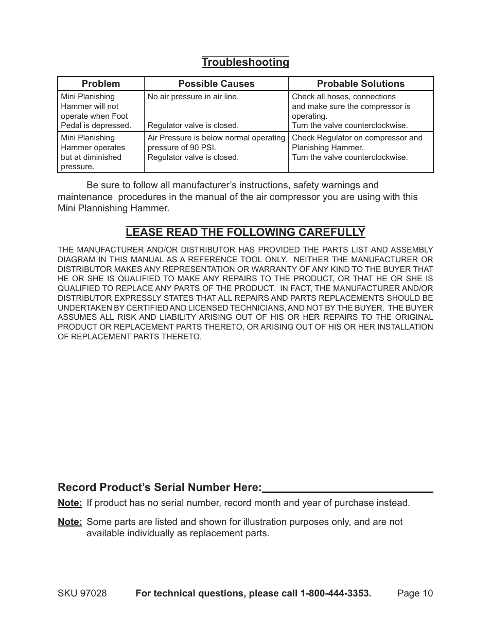 Troubleshooting, Lease read the following carefully, Record product’s serial number here | Harbor Freight Tools 97028 User Manual | Page 10 / 13