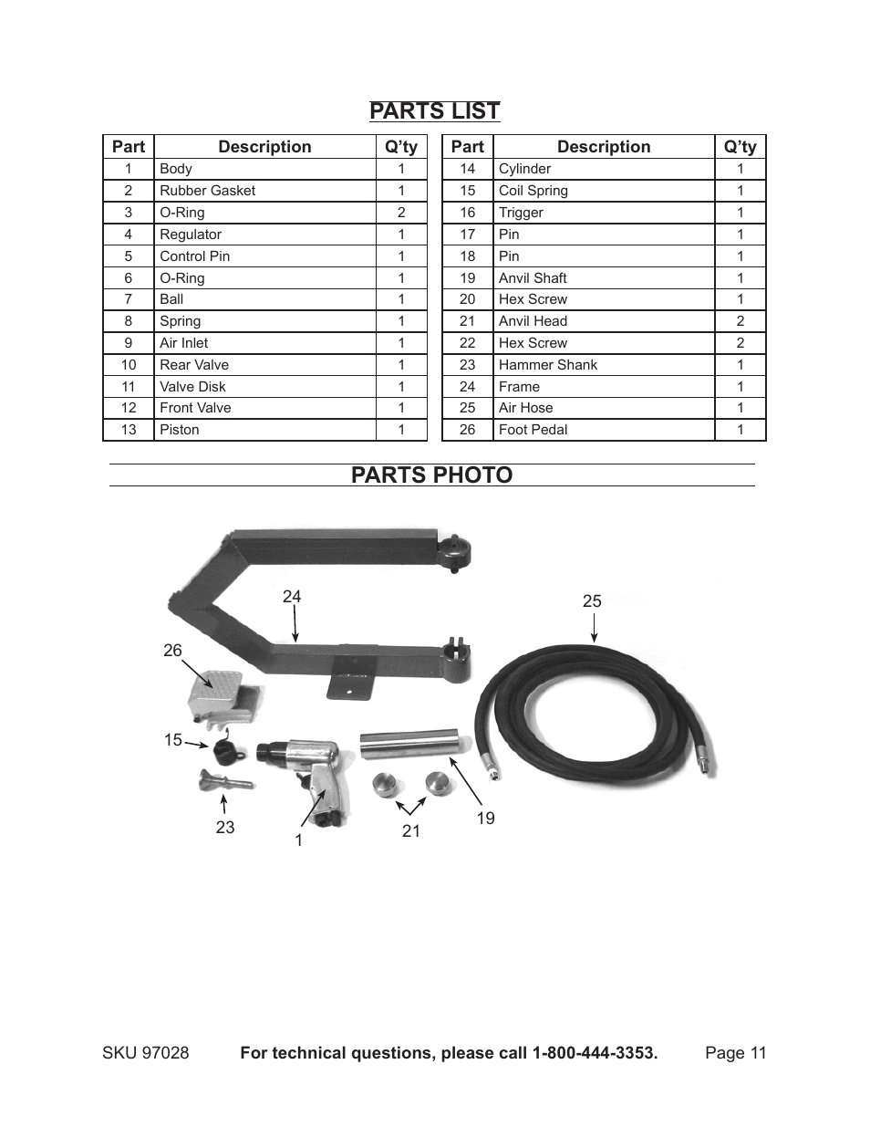 Parts list, Parts photo | Harbor Freight Tools 97028 User Manual | Page 11 / 13