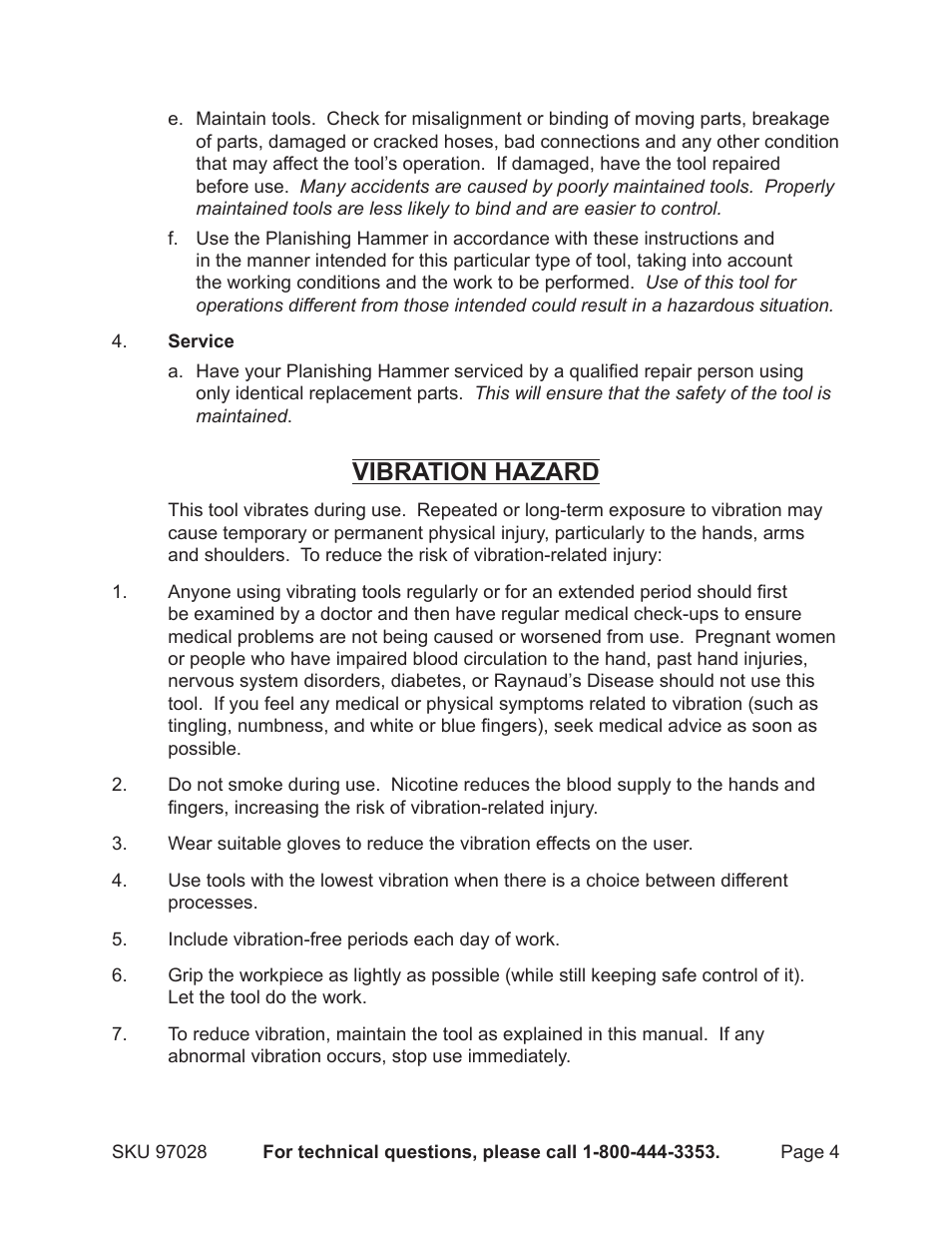 Vibration hazard | Harbor Freight Tools 97028 User Manual | Page 4 / 13