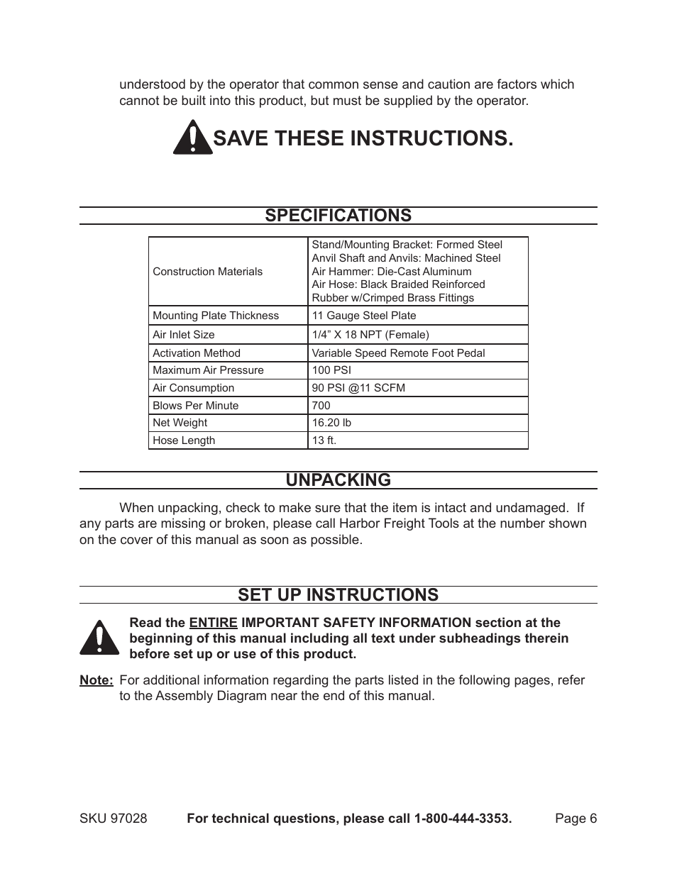 Save these instructions, Specifications, Unpacking | Set up instructions | Harbor Freight Tools 97028 User Manual | Page 6 / 13