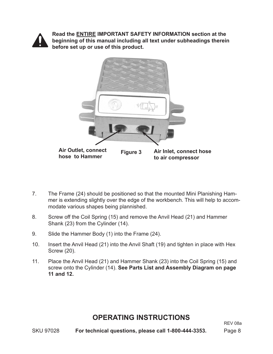 Operating instructions | Harbor Freight Tools 97028 User Manual | Page 8 / 13