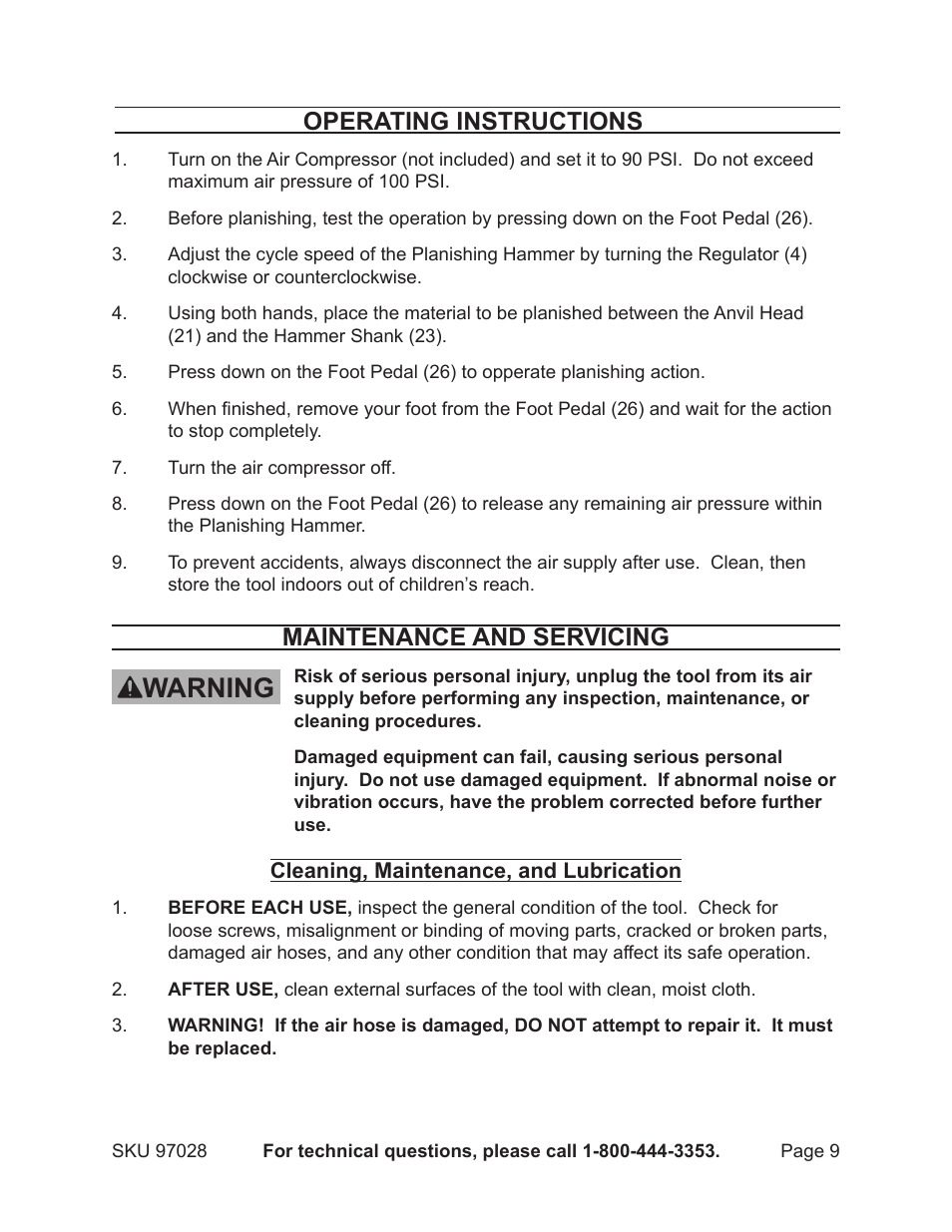 Warning, Maintenance and servicing, Operating instructions | Harbor Freight Tools 97028 User Manual | Page 9 / 13