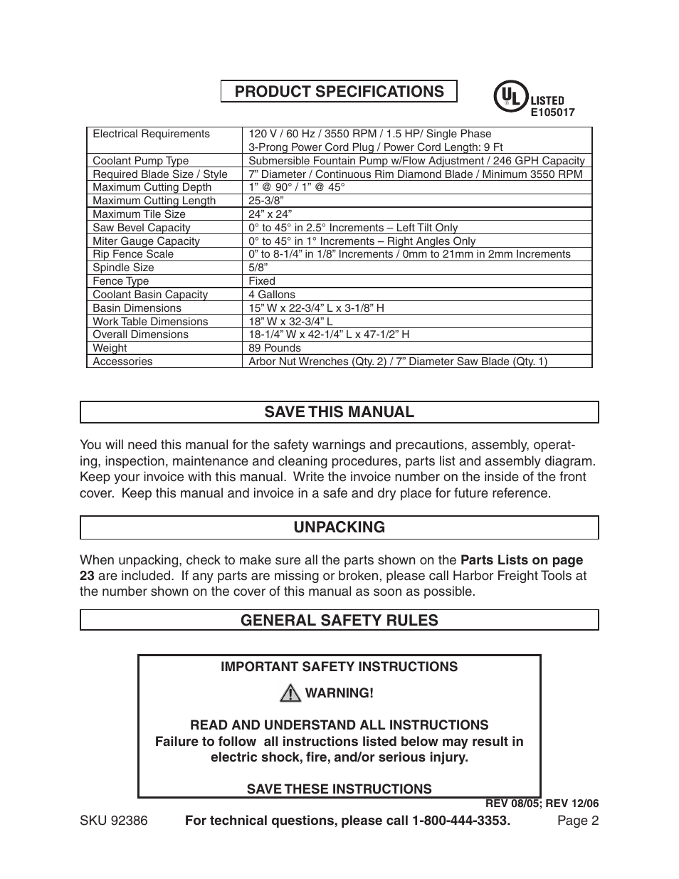 Product specifications save this manual, General safety rules, Unpacking | Harbor Freight Tools 92386 User Manual | Page 2 / 25