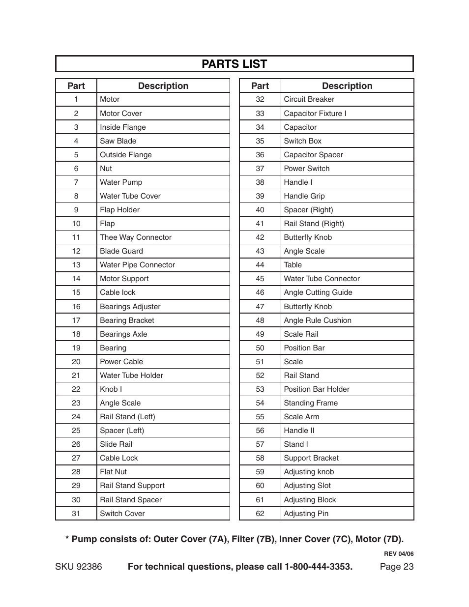 Parts list | Harbor Freight Tools 92386 User Manual | Page 23 / 25