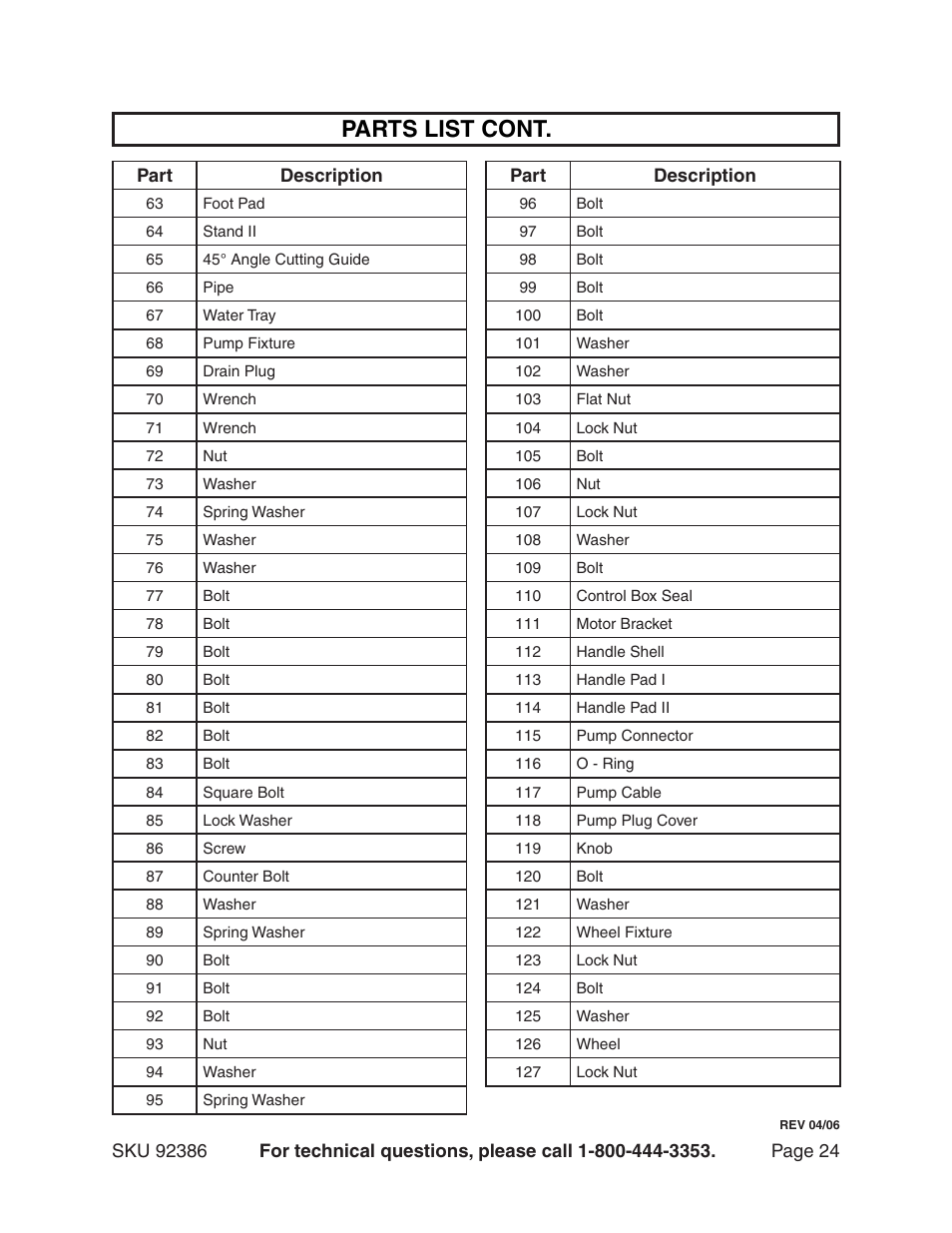 Parts list cont | Harbor Freight Tools 92386 User Manual | Page 24 / 25