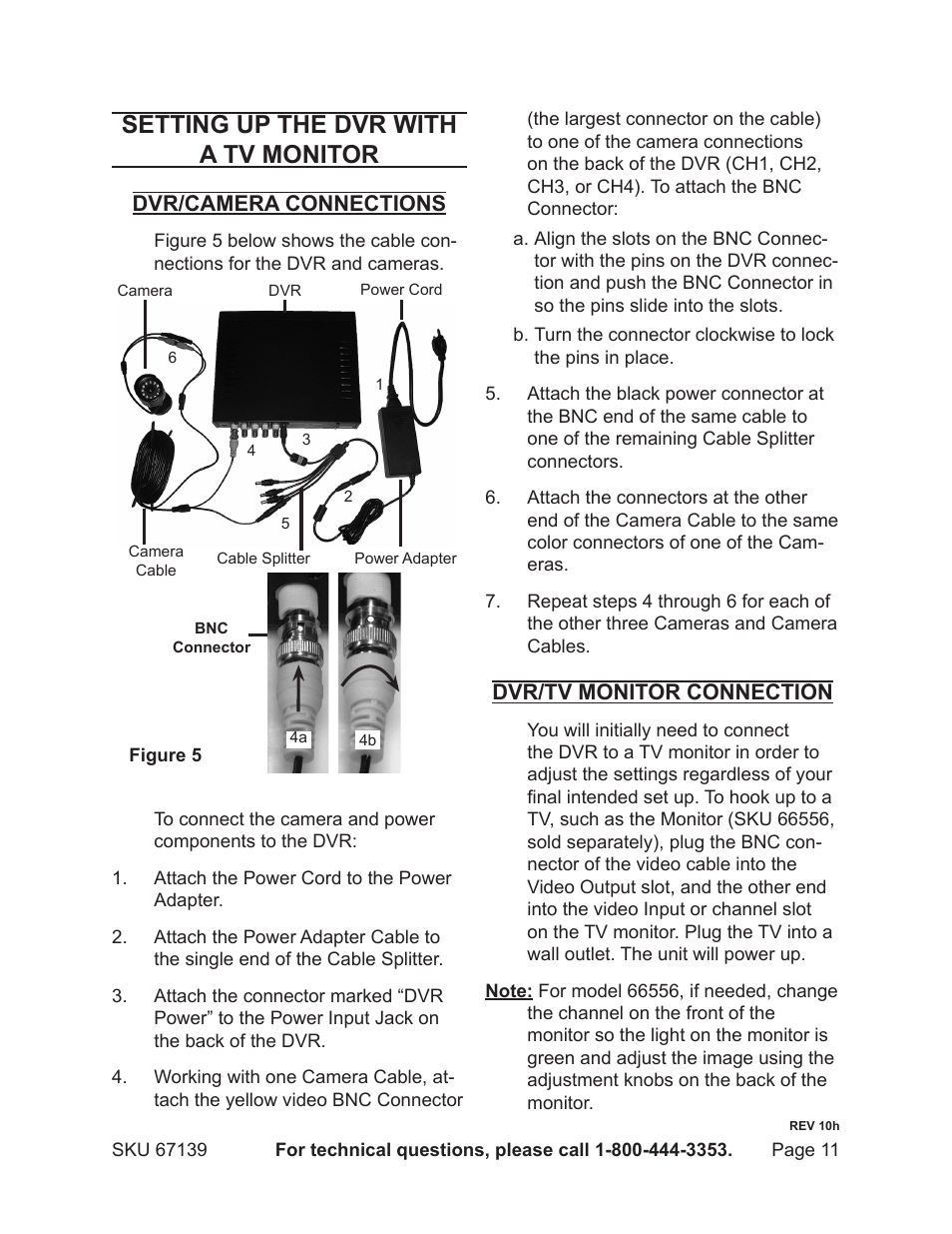 Setting up the dvr with a tv monitor, Dvr/camera connections, Dvr/tv monitor connection | Harbor Freight Tools 67139 User Manual | Page 11 / 38
