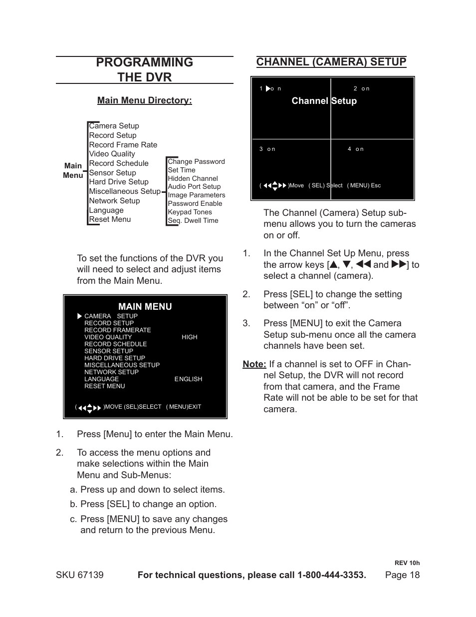 Programming the dvr, Channel (camera) setup | Harbor Freight Tools 67139 User Manual | Page 18 / 38