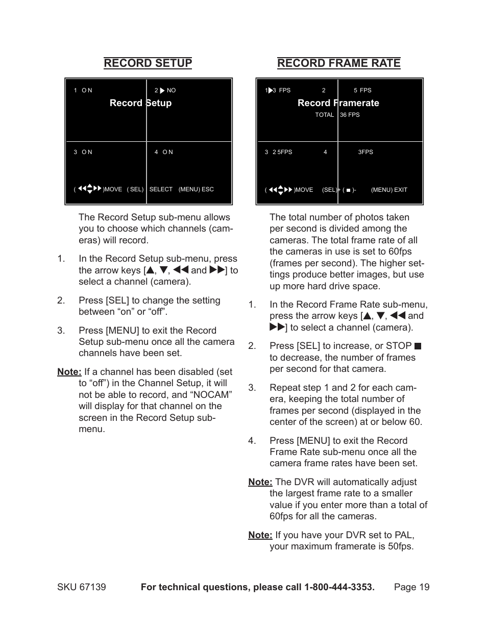 Record setup, Record frame rate | Harbor Freight Tools 67139 User Manual | Page 19 / 38