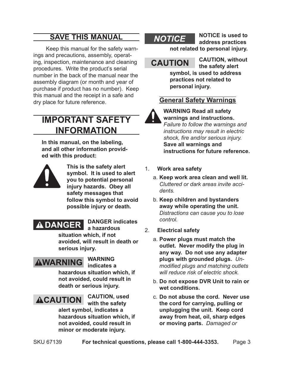 Important safety information, Save this manual | Harbor Freight Tools 67139 User Manual | Page 3 / 38