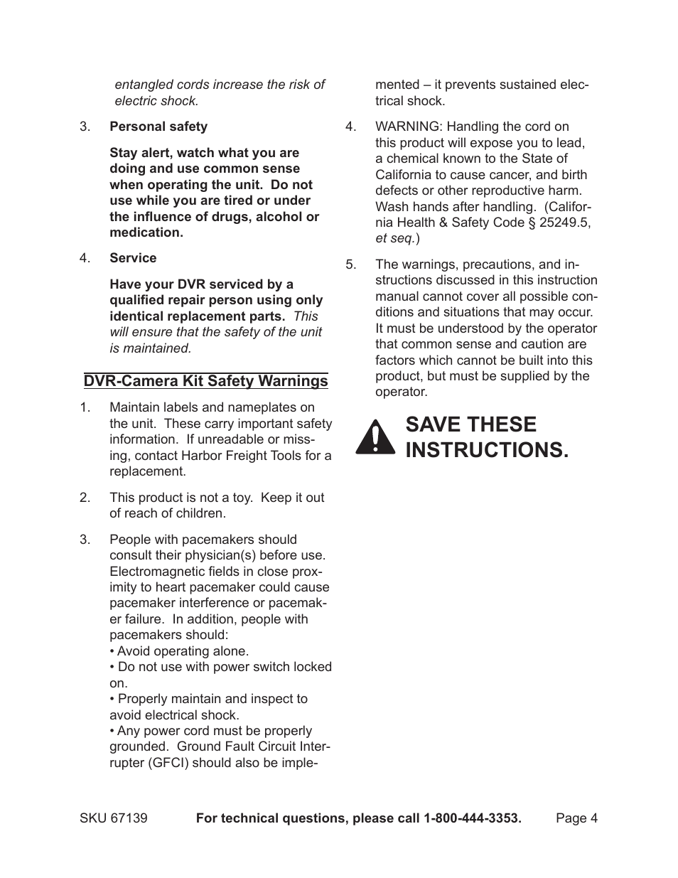 Save these instructions | Harbor Freight Tools 67139 User Manual | Page 4 / 38