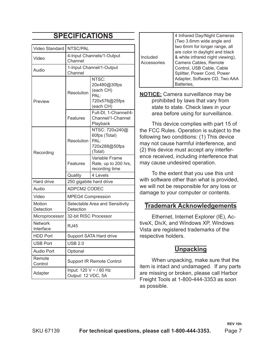 Specifications, Trademark acknowledgements, Unpacking | Harbor Freight Tools 67139 User Manual | Page 7 / 38