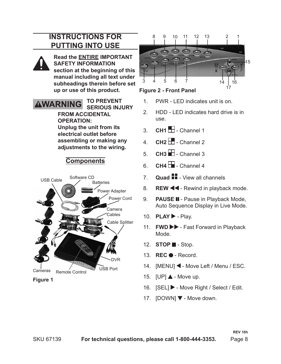 Instructions for putting into use, Components | Harbor Freight Tools 67139 User Manual | Page 8 / 38