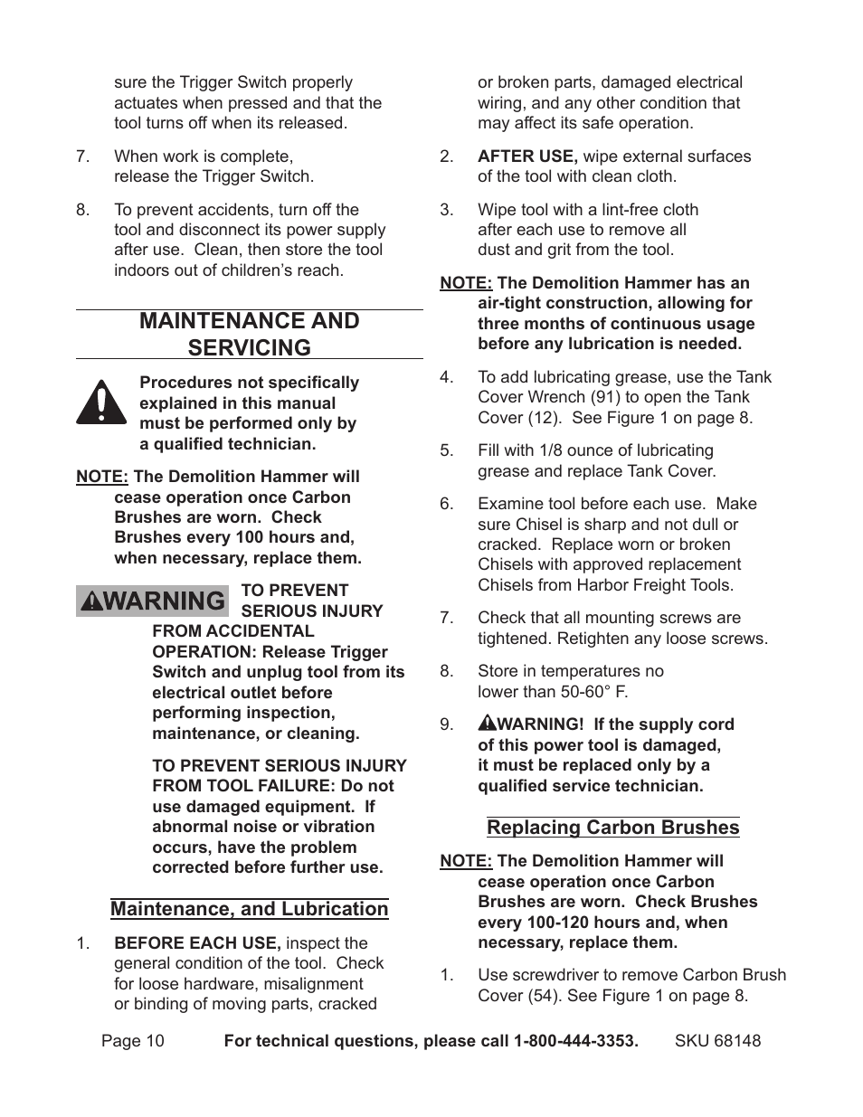 Maintenance and servicing | Harbor Freight Tools Demolitin Hammer 68148 User Manual | Page 10 / 14