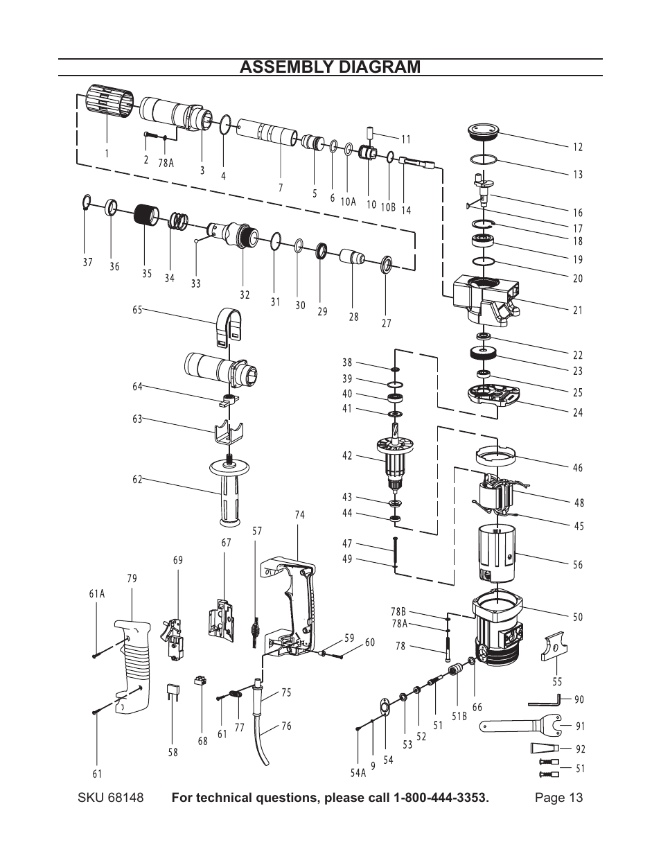 Assembly diagram | Harbor Freight Tools Demolitin Hammer 68148 User Manual | Page 13 / 14