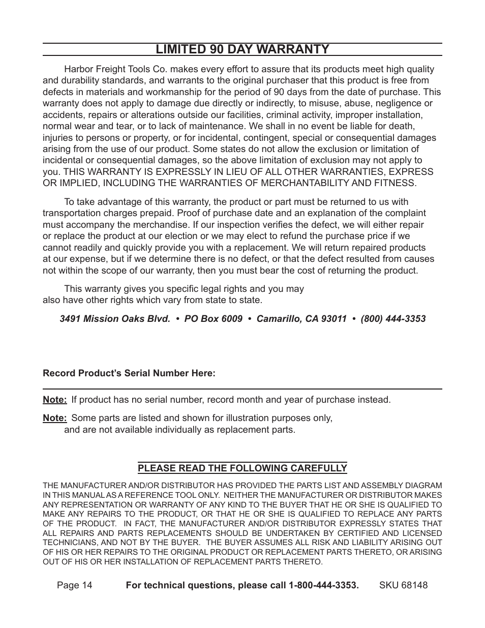 Limited 90 day warranty | Harbor Freight Tools Demolitin Hammer 68148 User Manual | Page 14 / 14