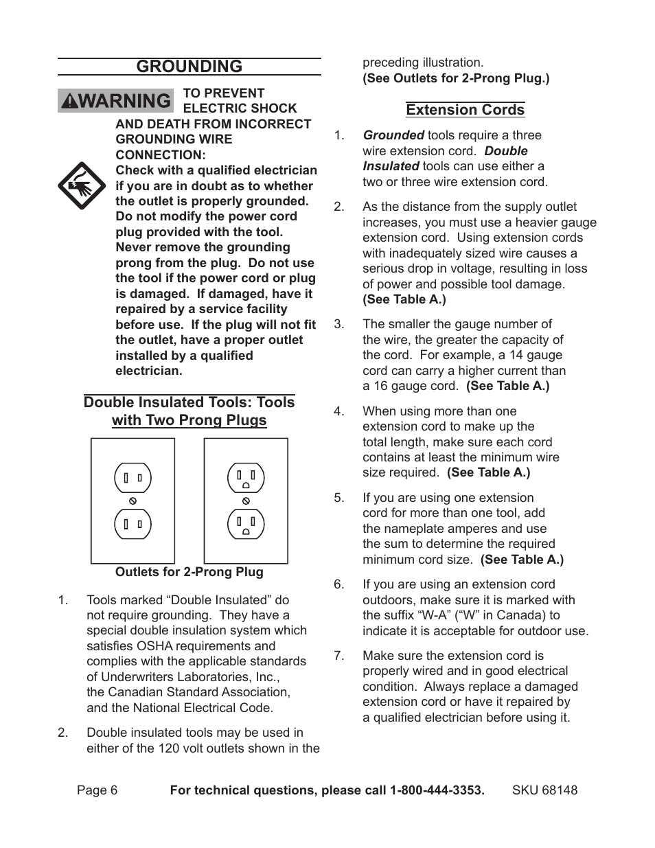 Grounding | Harbor Freight Tools Demolitin Hammer 68148 User Manual | Page 6 / 14