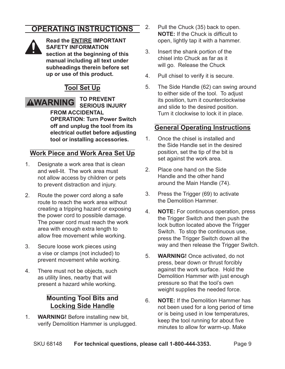 Operating instructions | Harbor Freight Tools Demolitin Hammer 68148 User Manual | Page 9 / 14