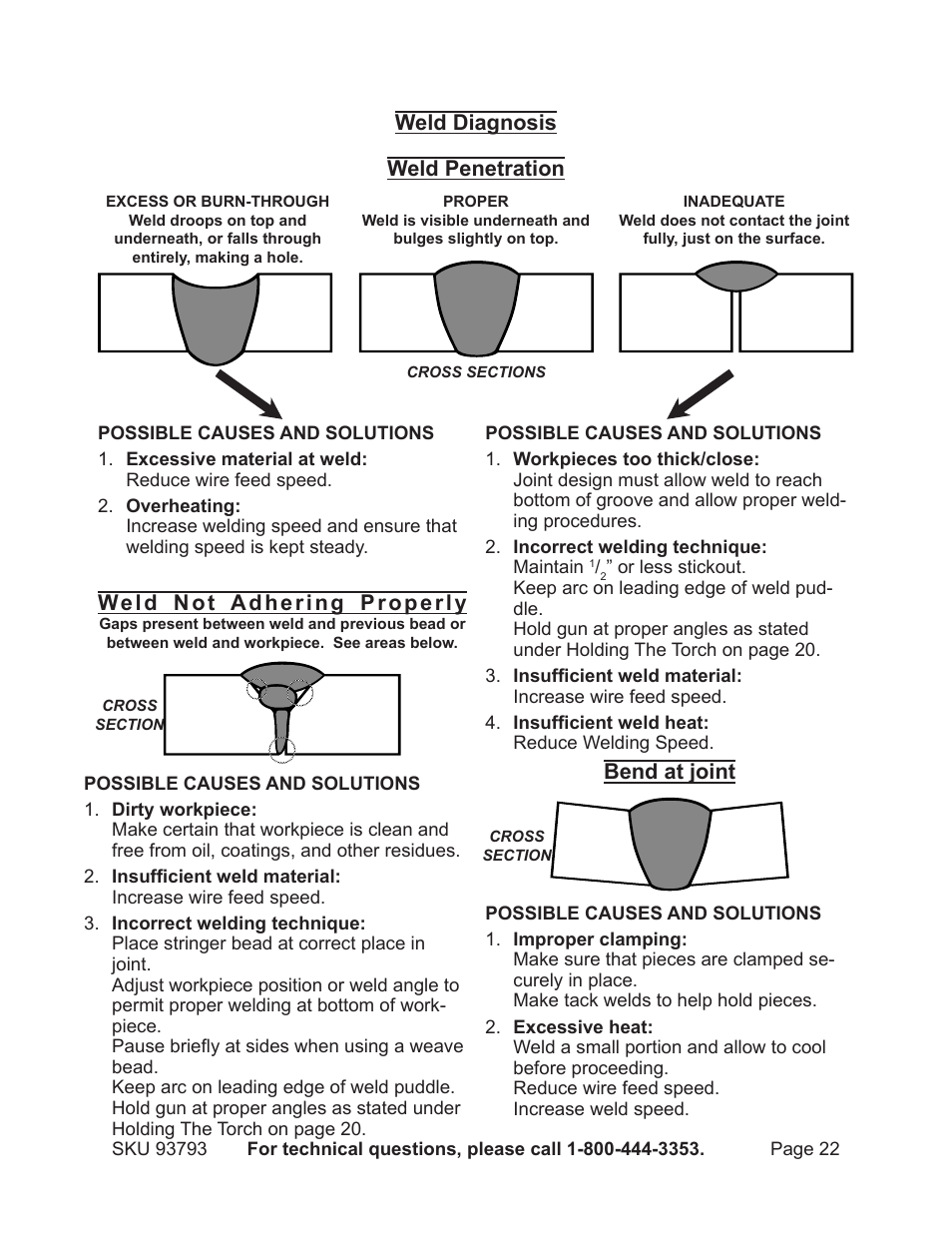 Weld diagnosis, Weld penetration, Weld not adhering properly | Bend at joint | Harbor Freight Tools DUAL MIG 93793 User Manual | Page 22 / 33