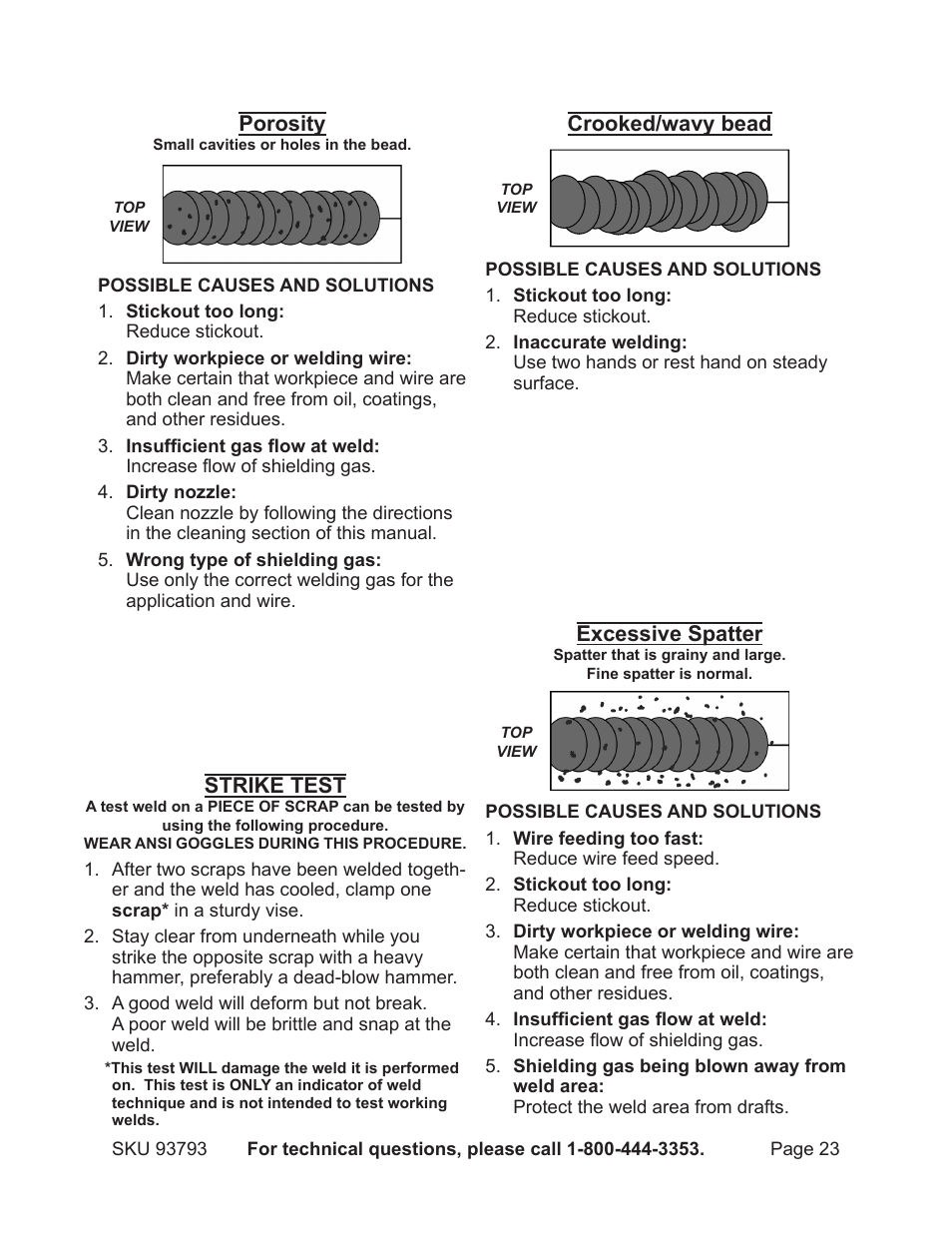 Crooked/wavy bead, Porosity, Excessive spatter | Strike test | Harbor Freight Tools DUAL MIG 93793 User Manual | Page 23 / 33