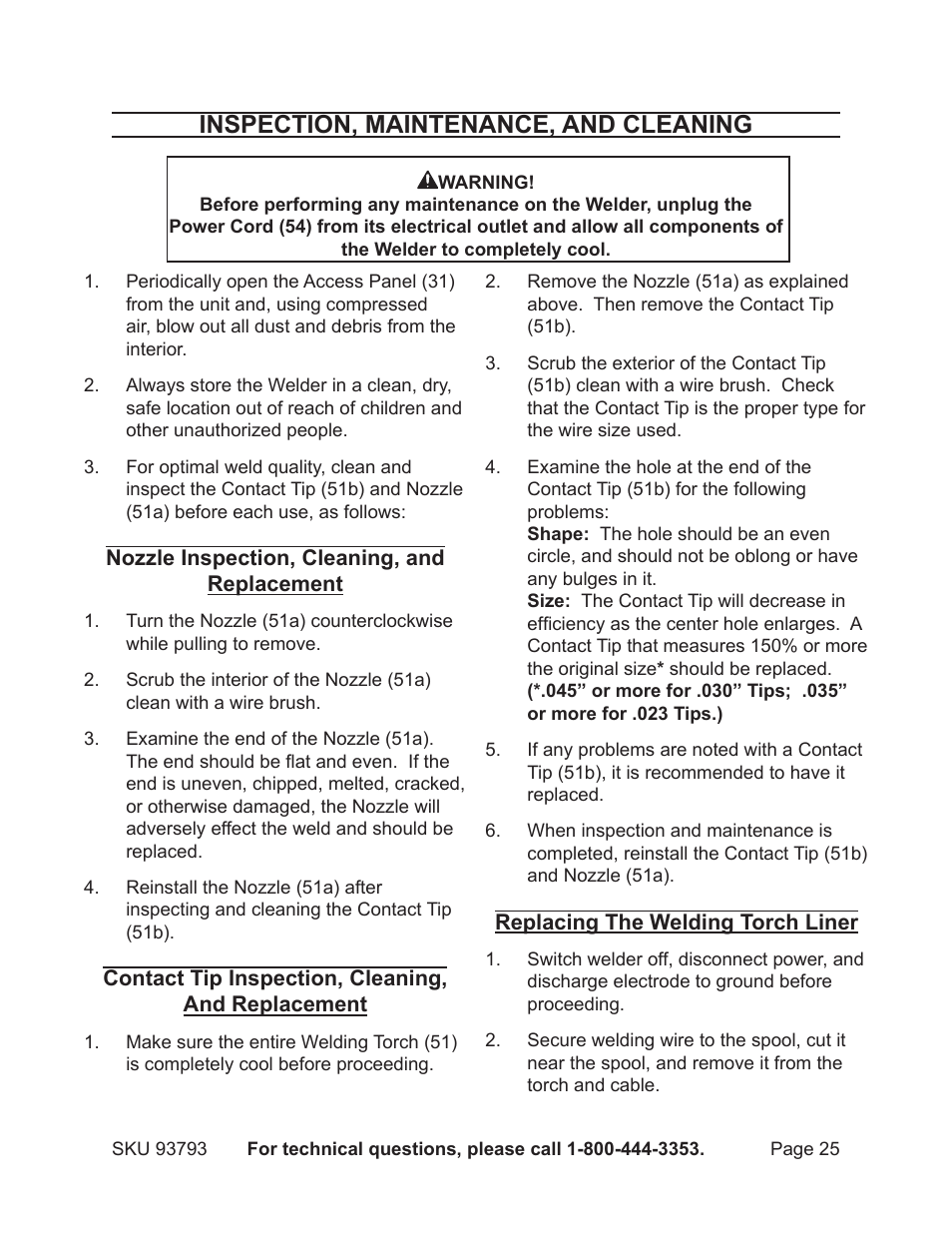 Inspection, maintenance, and cleaning | Harbor Freight Tools DUAL MIG 93793 User Manual | Page 25 / 33