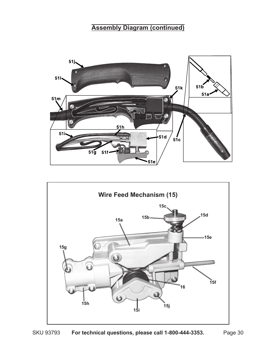 Wire feed mechanism (15), Assembly diagram (continued) | Harbor Freight Tools DUAL MIG 93793 User Manual | Page 30 / 33