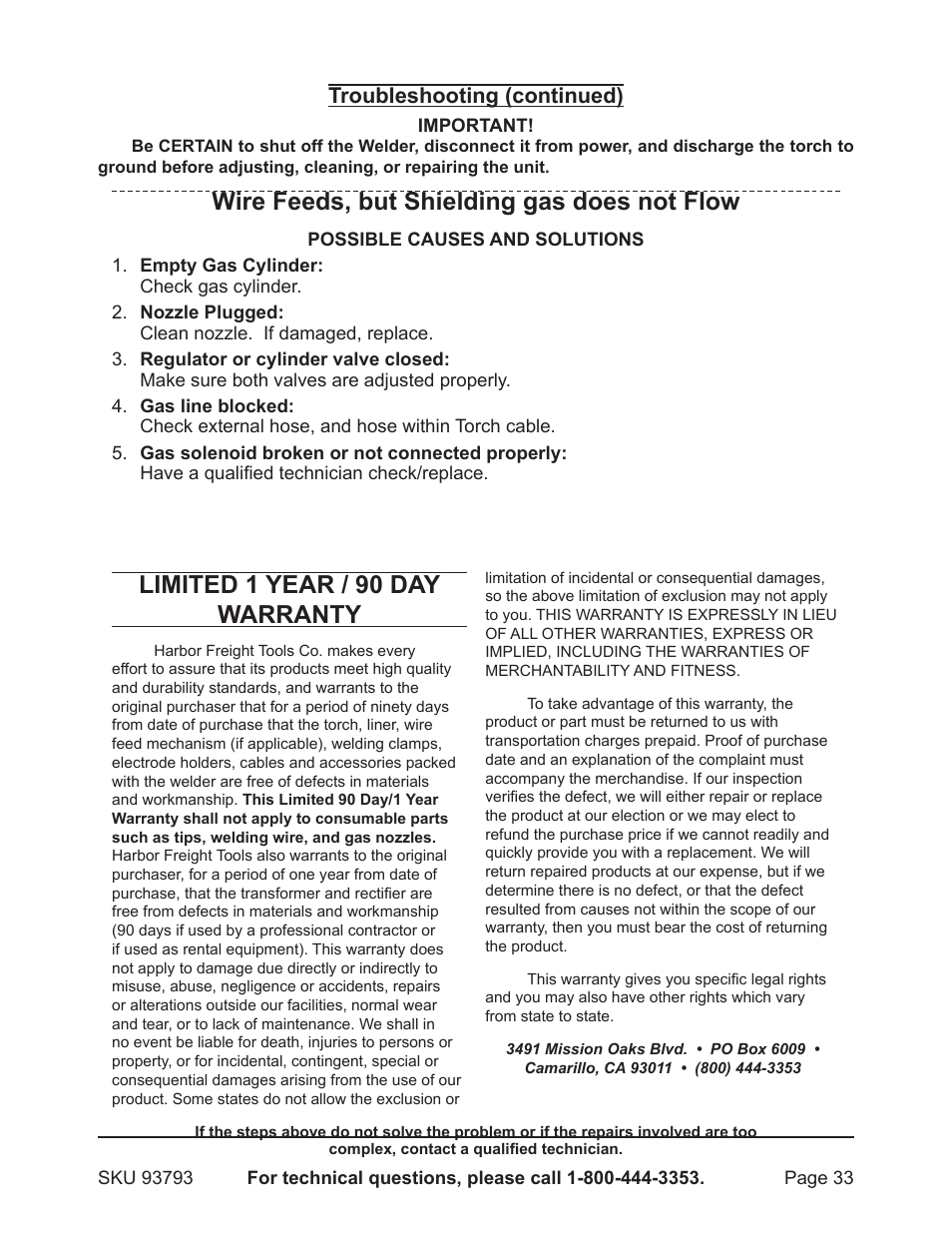 Wire feeds, but shielding gas does not flow, Limited 1 year / 90 day warranty, Troubleshooting (continued) | Harbor Freight Tools DUAL MIG 93793 User Manual | Page 33 / 33