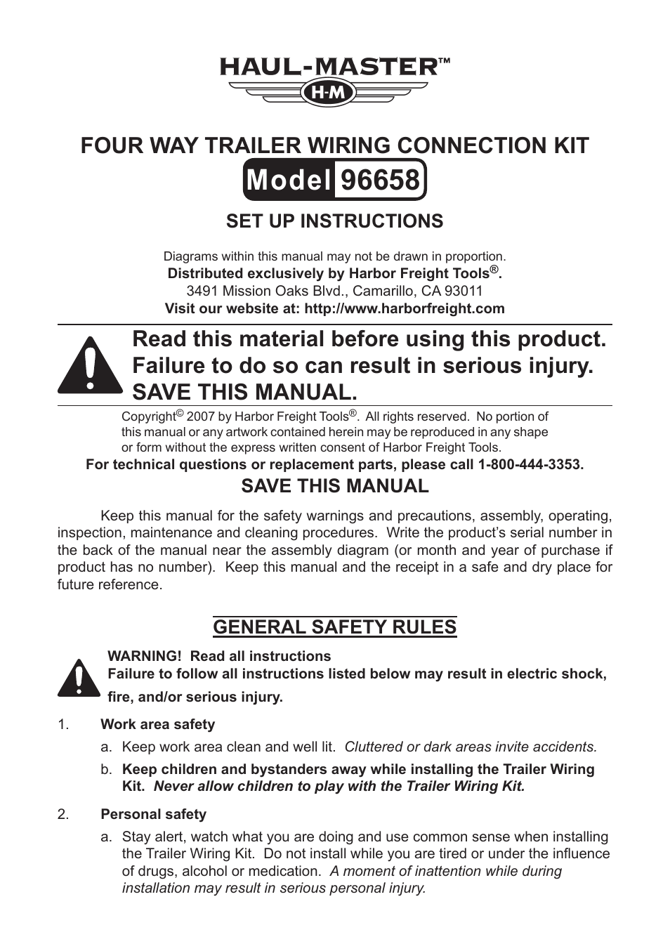 Harbor Freight Tools HAUL-MASTER 96658 User Manual | 4 pages