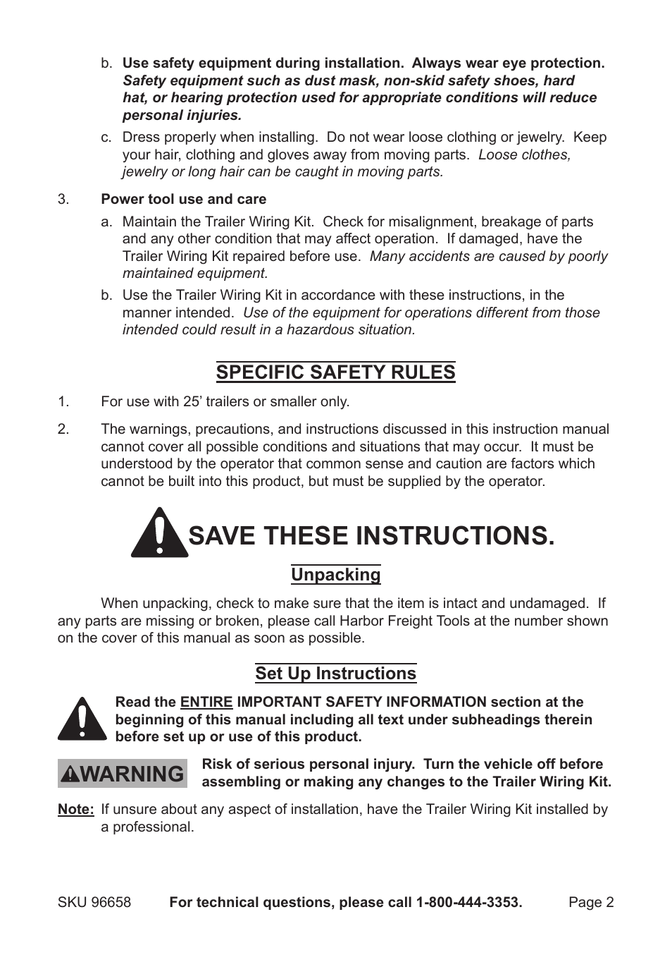 Save these instructions, Warning, Specific safety rules | Harbor Freight Tools HAUL-MASTER 96658 User Manual | Page 2 / 4