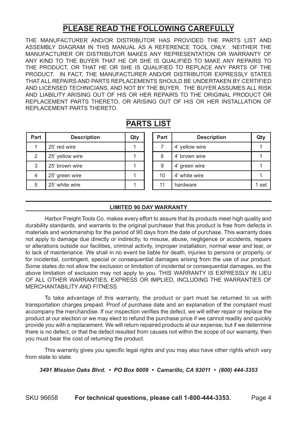 Please read the following carefully, Parts list | Harbor Freight Tools HAUL-MASTER 96658 User Manual | Page 4 / 4