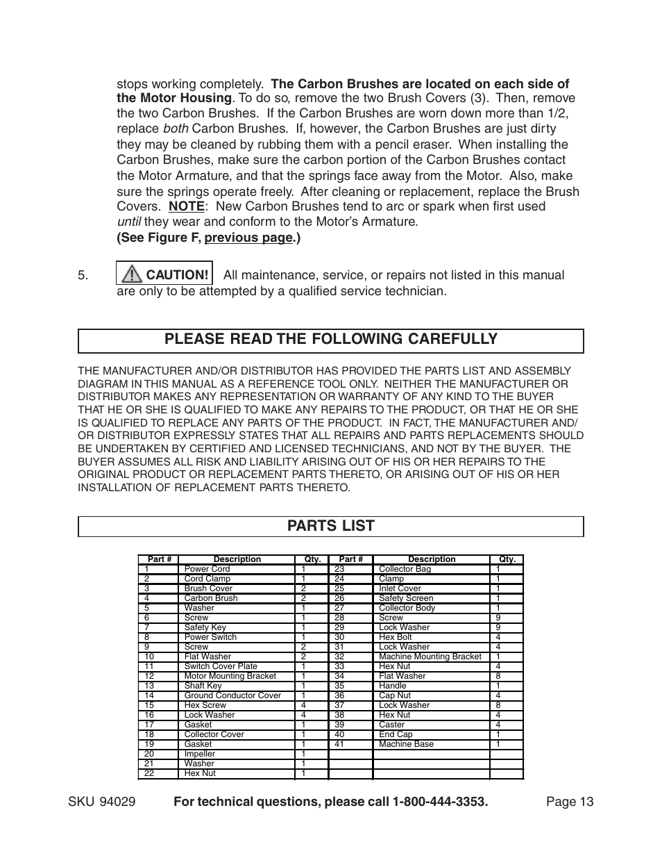 Please read the following carefully, Parts list, Until | Both | Harbor Freight Tools 94029 User Manual | Page 13 / 14