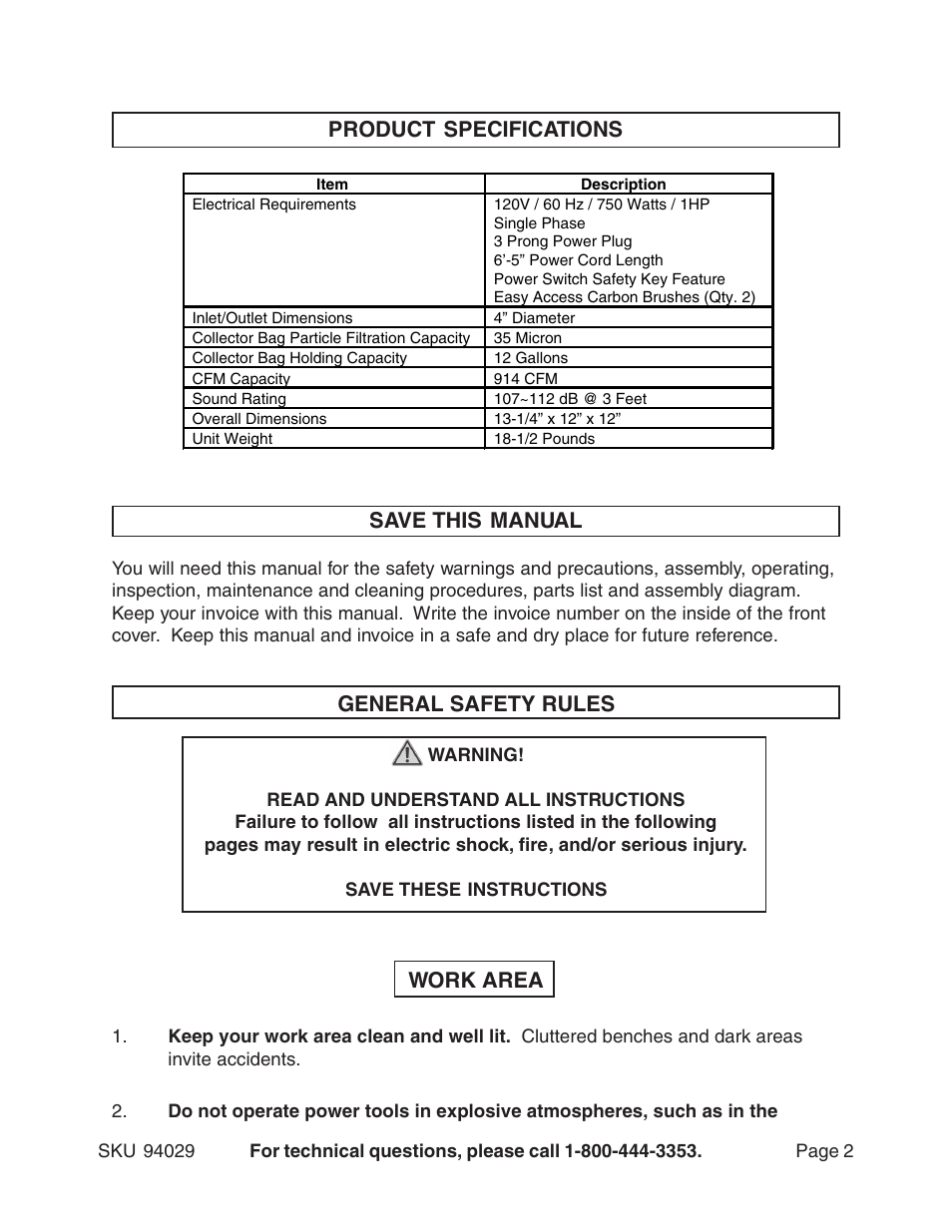 Product specifications save this manual, General safety rules, Work area | Harbor Freight Tools 94029 User Manual | Page 2 / 14