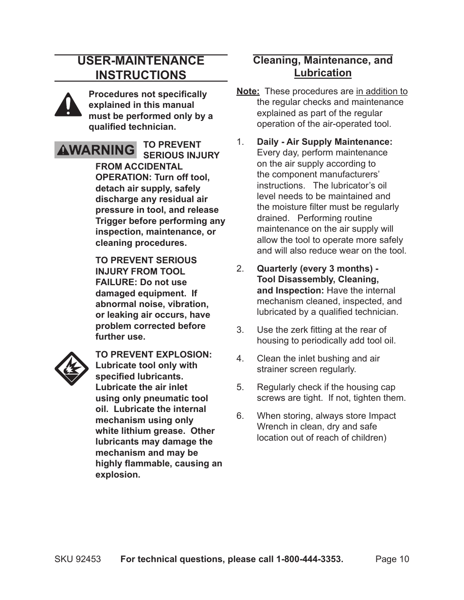 User-maintenance instructions | Harbor Freight Tools 92453 User Manual | Page 10 / 14