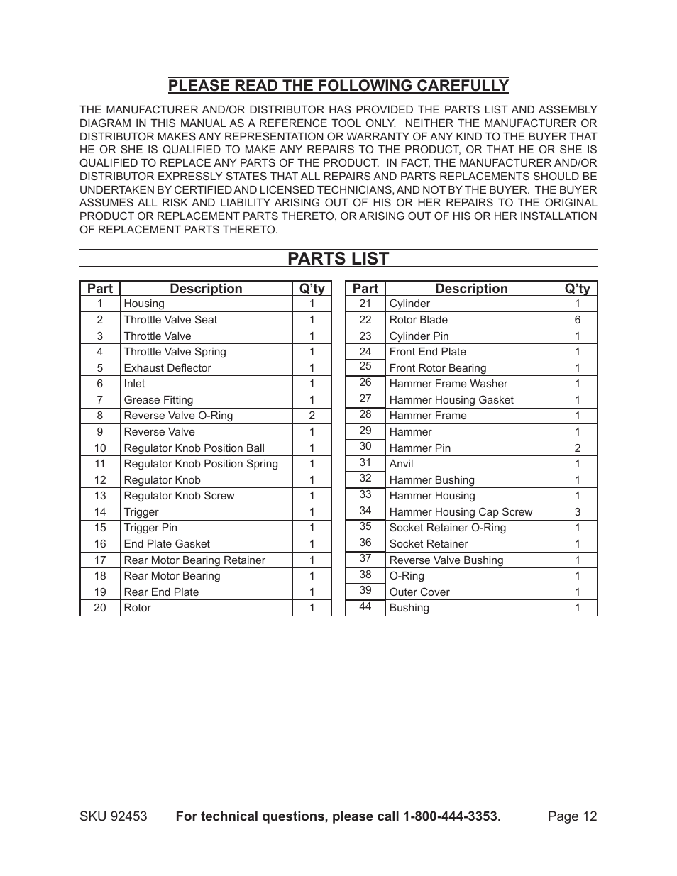 Parts list, Please read the following carefully | Harbor Freight Tools 92453 User Manual | Page 12 / 14