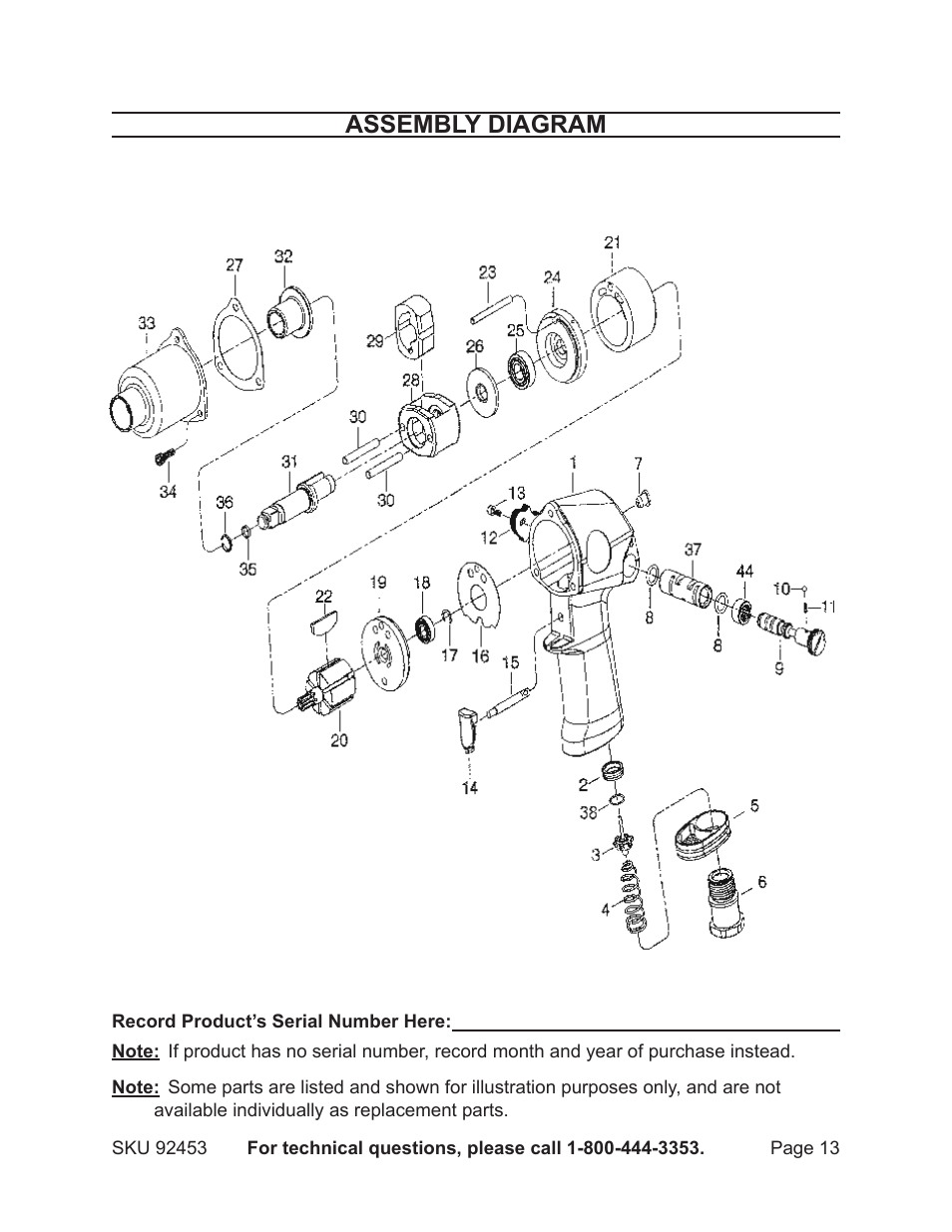 Assembly diagram | Harbor Freight Tools 92453 User Manual | Page 13 / 14