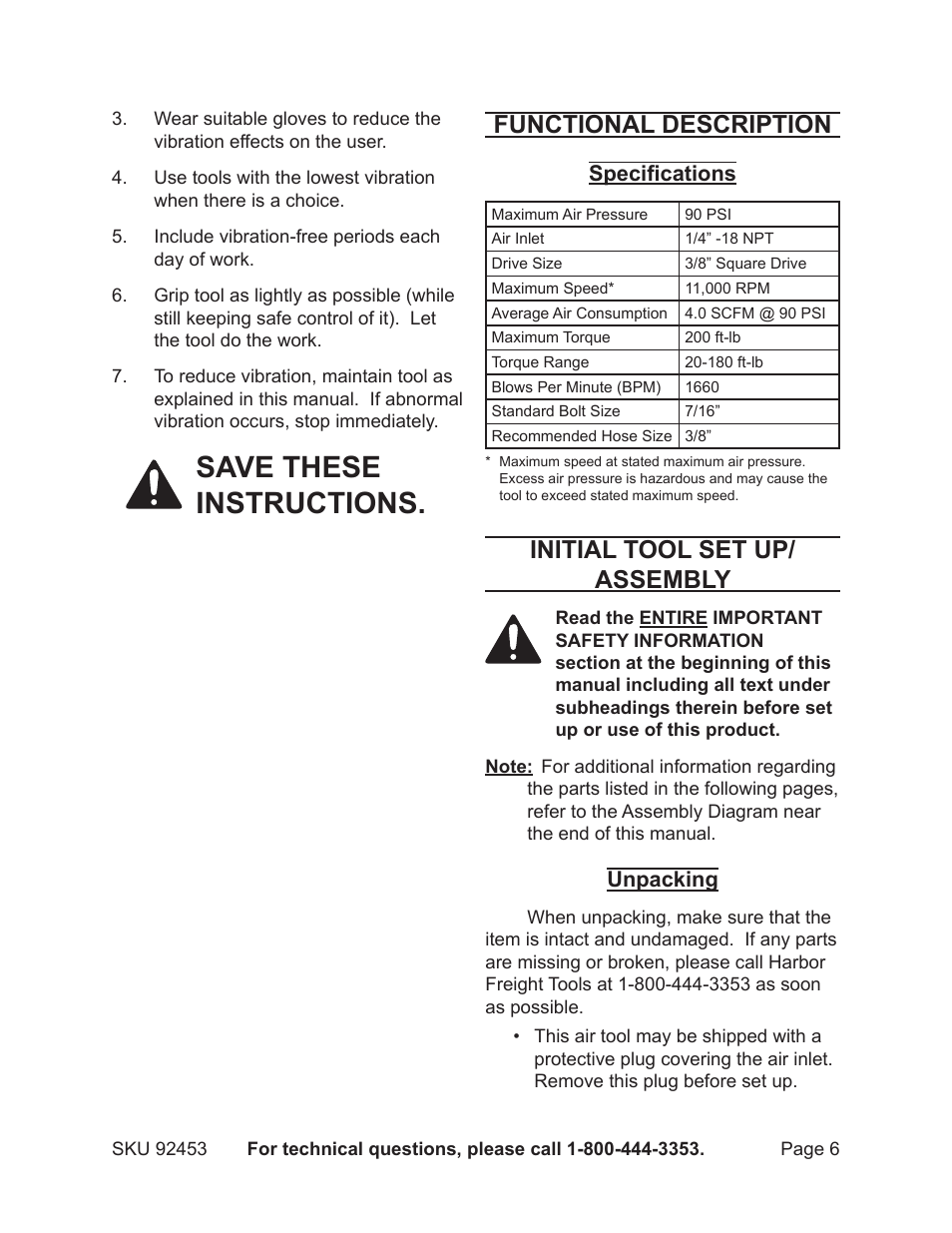 Save these instructions, Functional description, Initial tool set up/ assembly | Harbor Freight Tools 92453 User Manual | Page 6 / 14