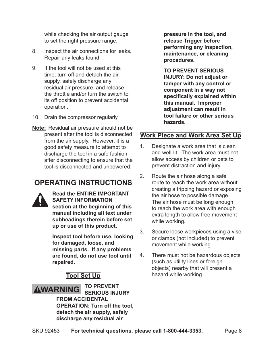 Operating instructions | Harbor Freight Tools 92453 User Manual | Page 8 / 14