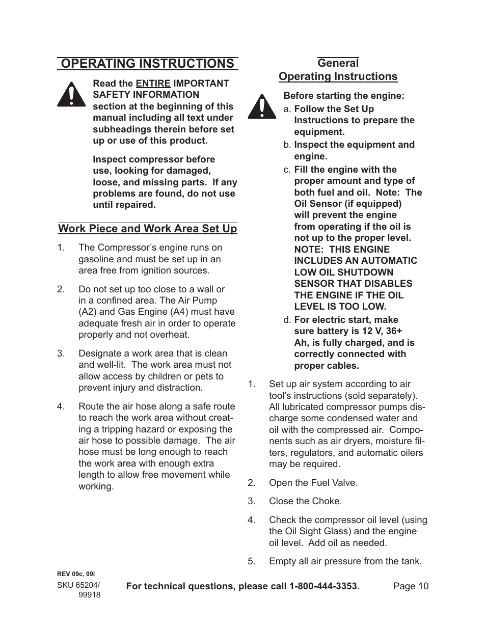 Operating instructions | Harbor Freight Tools 65204 User Manual | Page 10 / 19