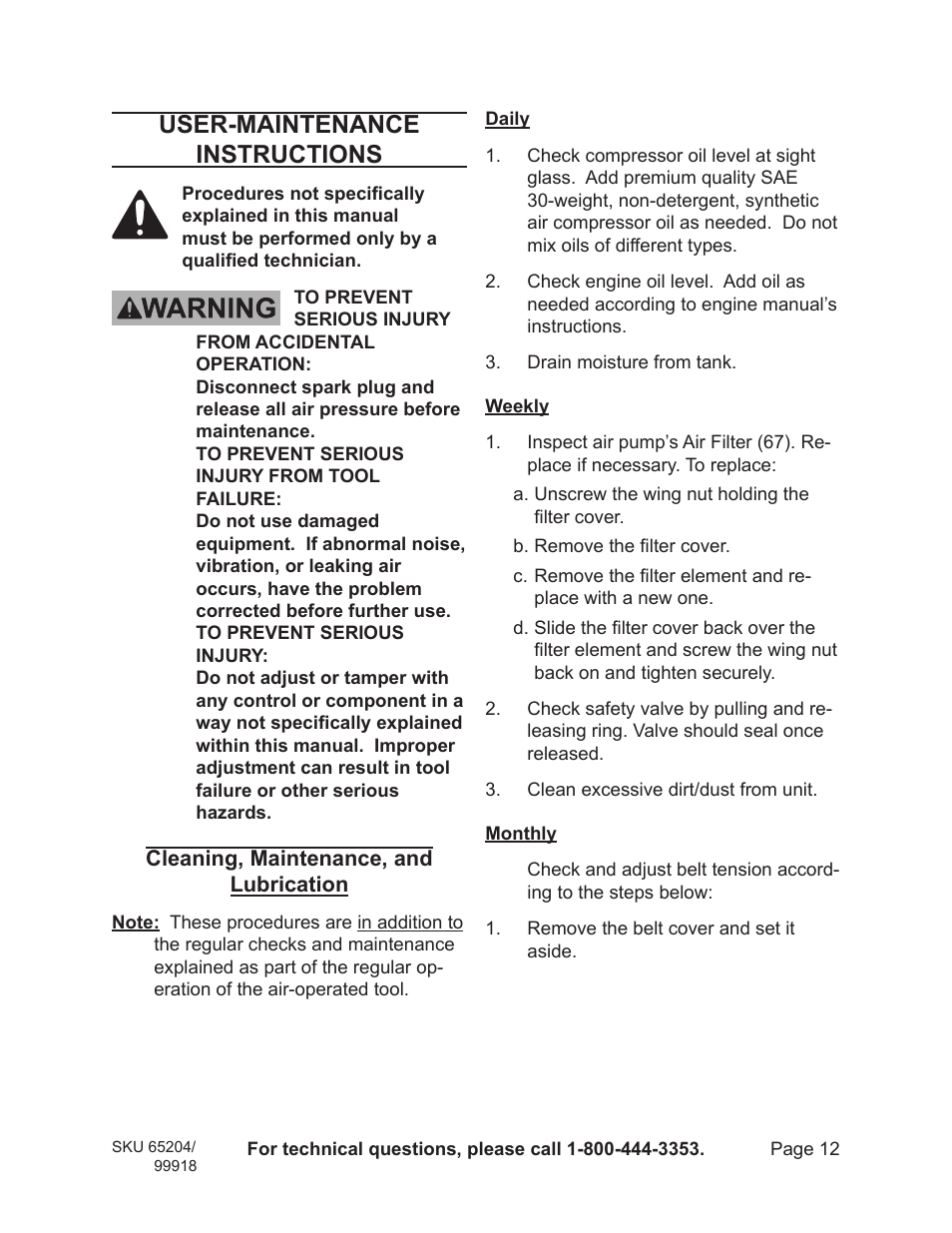 User-maintenance instructions | Harbor Freight Tools 65204 User Manual | Page 12 / 19