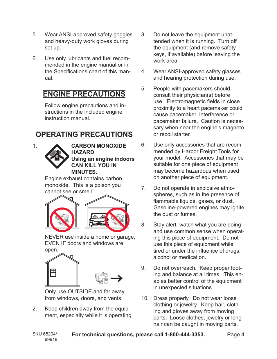 Engine precautions, Operating precautions | Harbor Freight Tools 65204 User Manual | Page 4 / 19