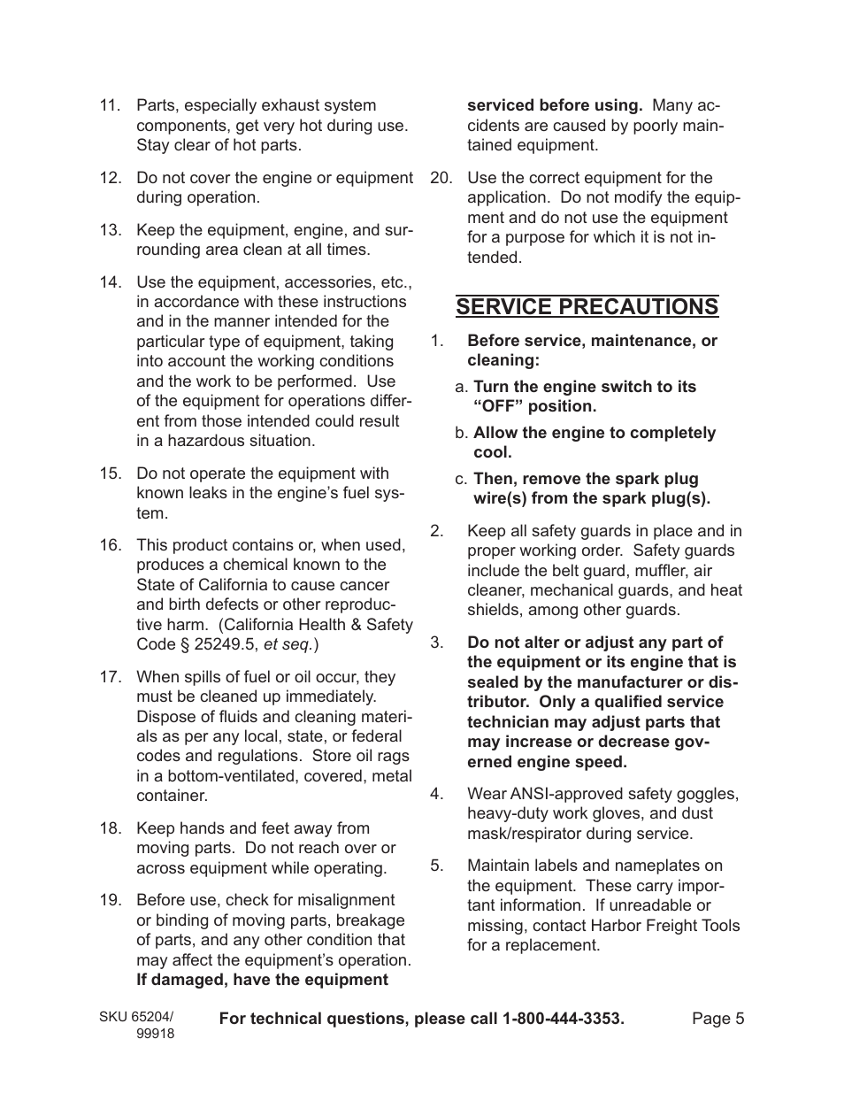 Service precautions | Harbor Freight Tools 65204 User Manual | Page 5 / 19