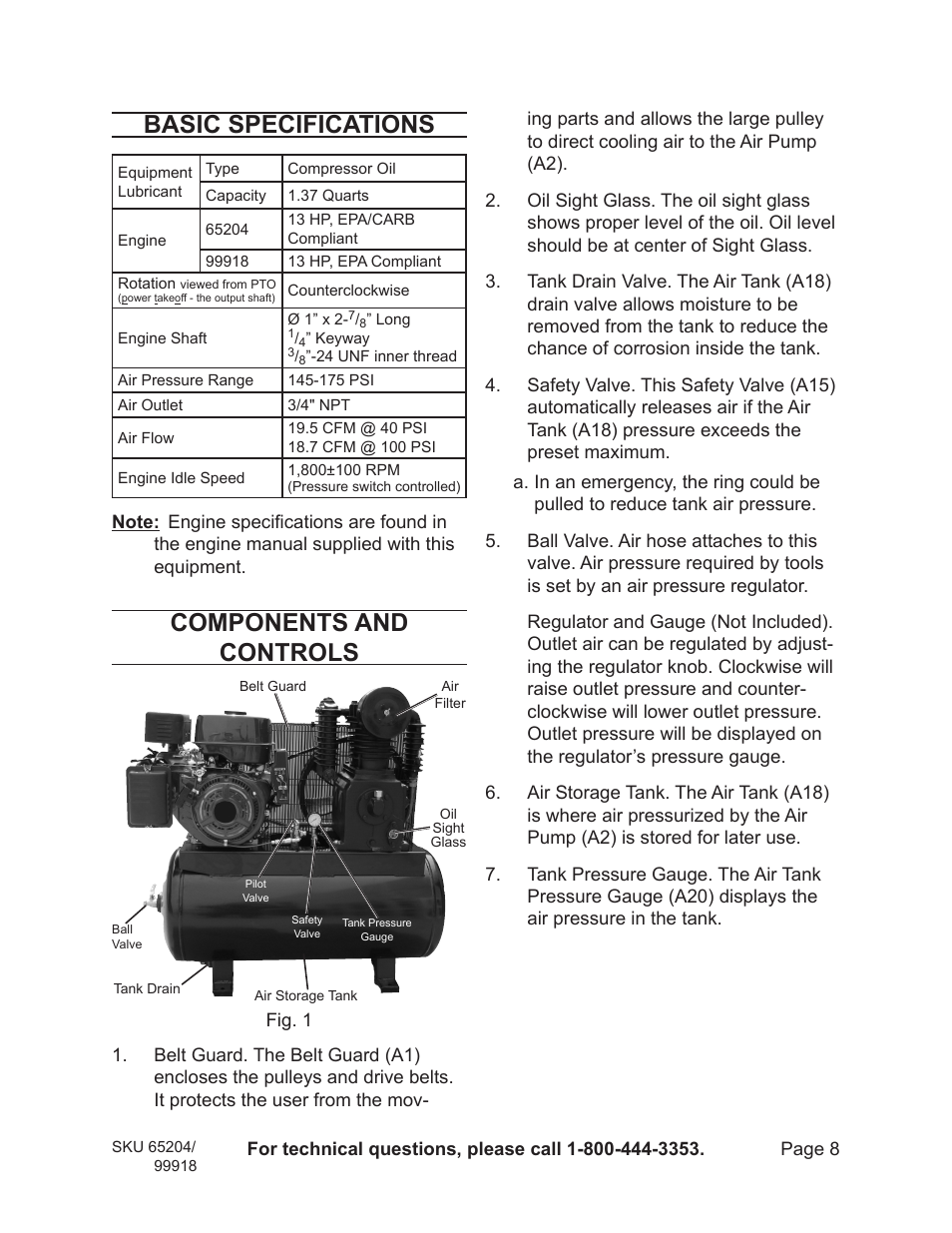 Basic specifications, Components and controls | Harbor Freight Tools 65204 User Manual | Page 8 / 19