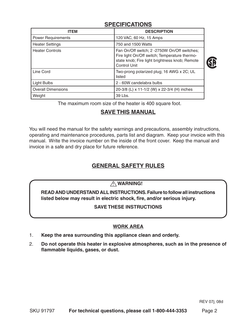 Specifications save this manual, General safety rules | Harbor Freight Tools 91797 User Manual | Page 2 / 12