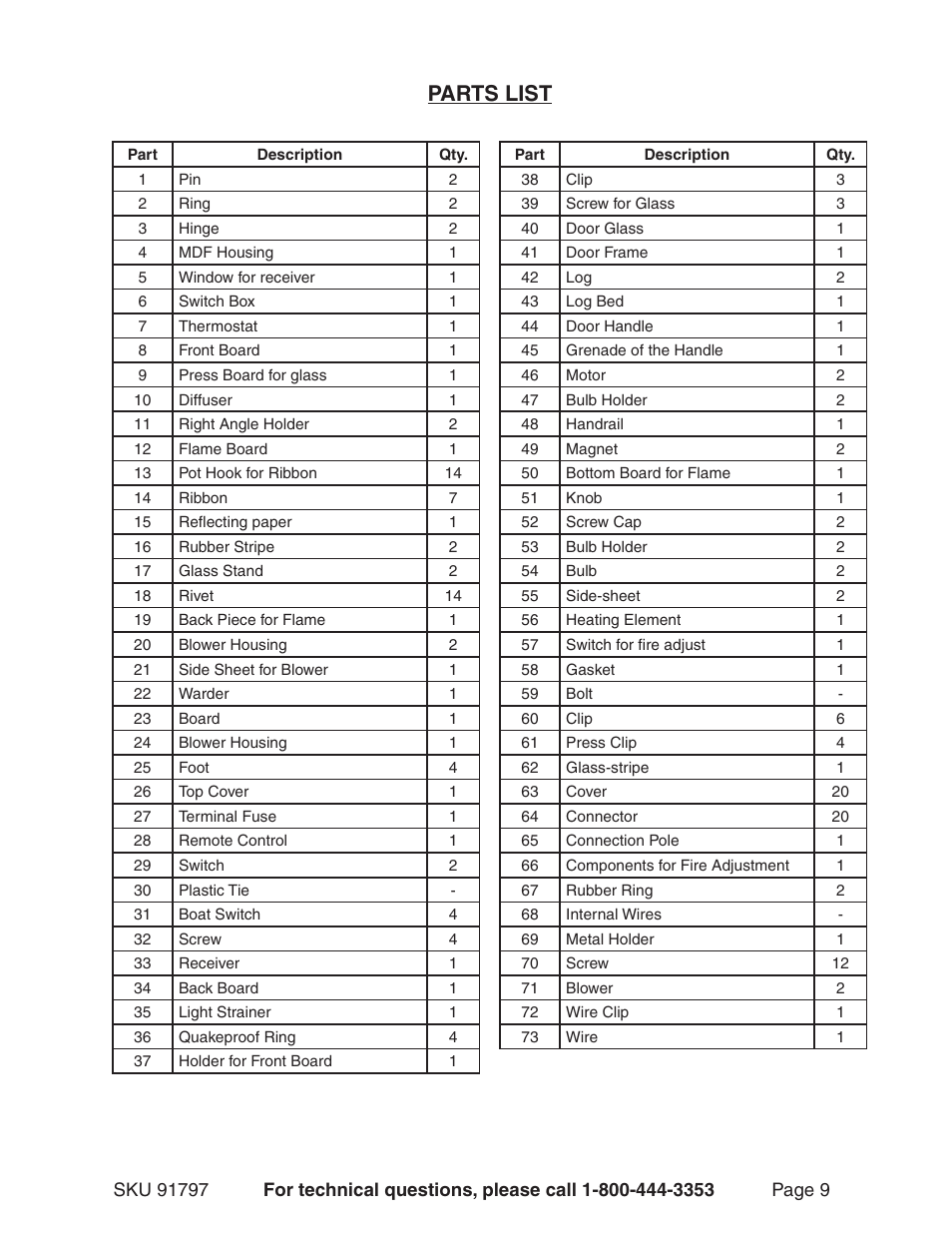 Parts list | Harbor Freight Tools 91797 User Manual | Page 9 / 12