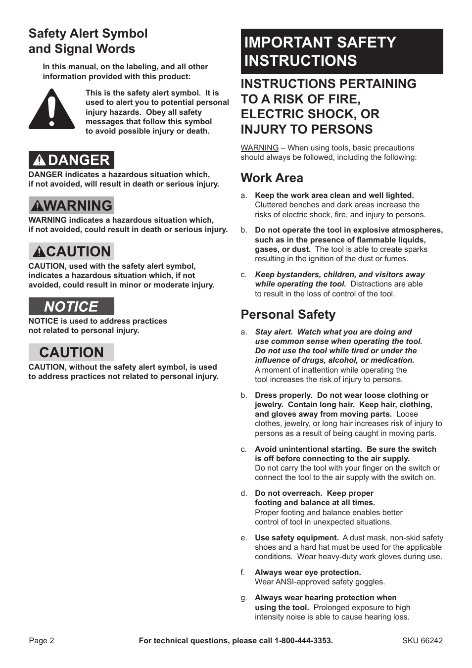 Important safety instructions, Safety alert symbol and signal words, Work area | Personal safety | Harbor Freight Tools 66242 User Manual | Page 2 / 12