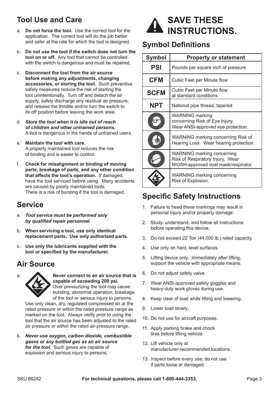 Save these instructions, Tool use and care, Service | Air source, Symbol definitions, Specific safety instructions, Scfm | Harbor Freight Tools 66242 User Manual | Page 3 / 12